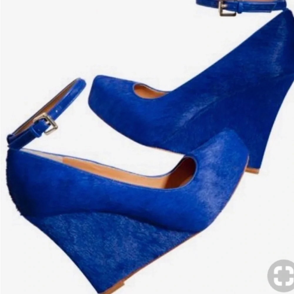 Ann Taylor cobalt blue-platform calf hair wedge heels with ankle buckle strap 7